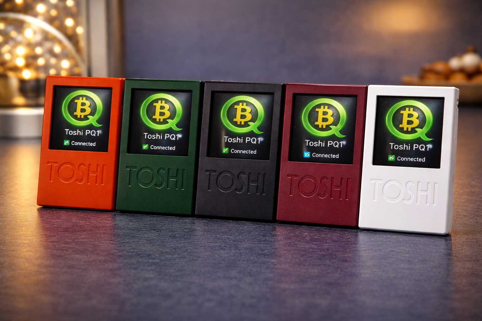Toshi PQ1 hardware wallet shown in five colors